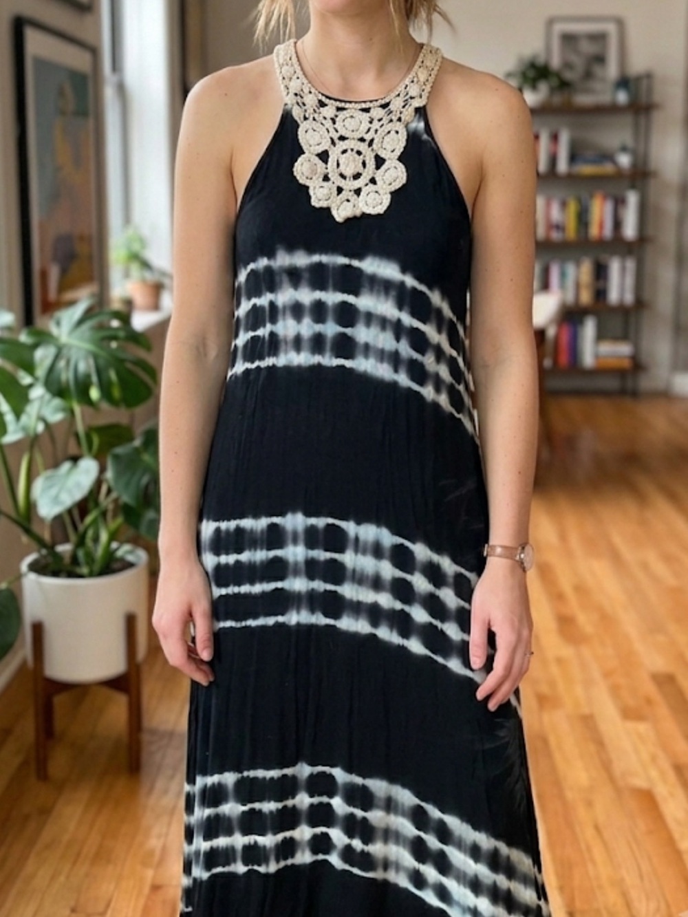 Club Collection Boho Tie-Dye Maxi Dress Crochet Neckline Black White Xl bohemian